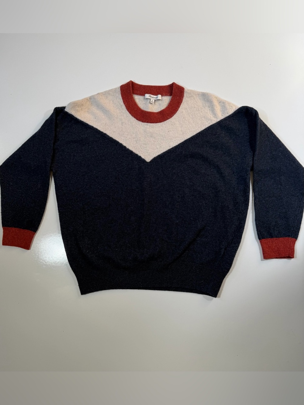 Madewell Colorblock Yoke Crewneck Sweater in Navy, Cream & Red-Size M